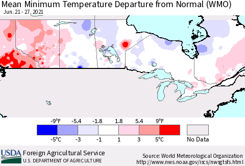 Canada Mean Minimum Temperature Departure from Normal (WMO) Thematic Map For 6/21/2021 - 6/27/2021