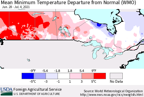 Canada Mean Minimum Temperature Departure from Normal (WMO) Thematic Map For 6/28/2021 - 7/4/2021