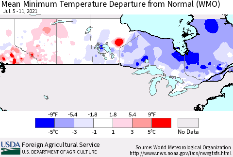 Canada Mean Minimum Temperature Departure from Normal (WMO) Thematic Map For 7/5/2021 - 7/11/2021