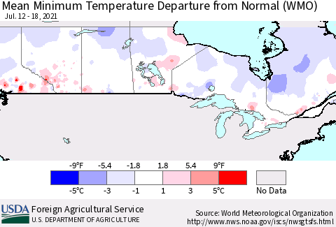 Canada Mean Minimum Temperature Departure from Normal (WMO) Thematic Map For 7/12/2021 - 7/18/2021