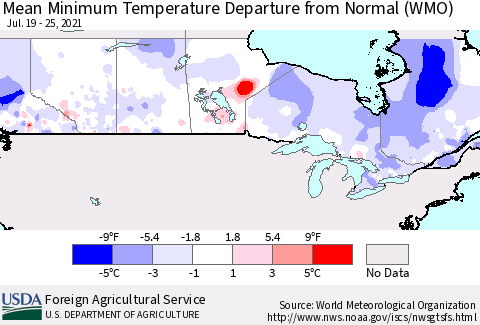 Canada Mean Minimum Temperature Departure from Normal (WMO) Thematic Map For 7/19/2021 - 7/25/2021