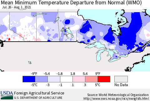 Canada Mean Minimum Temperature Departure from Normal (WMO) Thematic Map For 7/26/2021 - 8/1/2021