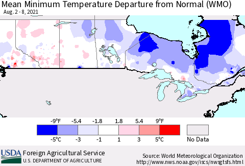 Canada Mean Minimum Temperature Departure from Normal (WMO) Thematic Map For 8/2/2021 - 8/8/2021