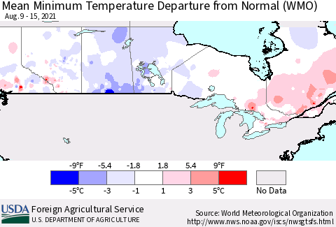 Canada Mean Minimum Temperature Departure from Normal (WMO) Thematic Map For 8/9/2021 - 8/15/2021