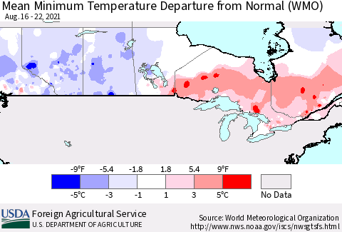 Canada Mean Minimum Temperature Departure from Normal (WMO) Thematic Map For 8/16/2021 - 8/22/2021