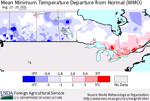 Canada Mean Minimum Temperature Departure from Normal (WMO) Thematic Map For 8/23/2021 - 8/29/2021