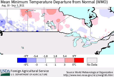 Canada Mean Minimum Temperature Departure from Normal (WMO) Thematic Map For 8/30/2021 - 9/5/2021