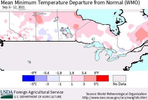 Canada Mean Minimum Temperature Departure from Normal (WMO) Thematic Map For 9/6/2021 - 9/12/2021