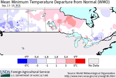 Canada Mean Minimum Temperature Departure from Normal (WMO) Thematic Map For 9/13/2021 - 9/19/2021