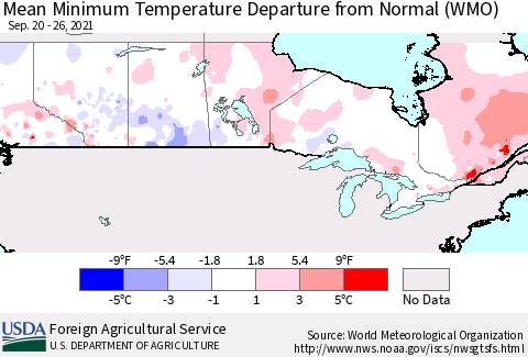 Canada Mean Minimum Temperature Departure from Normal (WMO) Thematic Map For 9/20/2021 - 9/26/2021