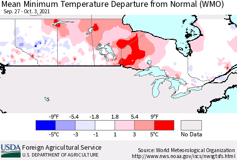 Canada Mean Minimum Temperature Departure from Normal (WMO) Thematic Map For 9/27/2021 - 10/3/2021