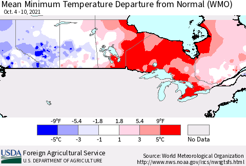 Canada Mean Minimum Temperature Departure from Normal (WMO) Thematic Map For 10/4/2021 - 10/10/2021