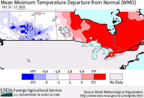 Canada Mean Minimum Temperature Departure from Normal (WMO) Thematic Map For 10/11/2021 - 10/17/2021