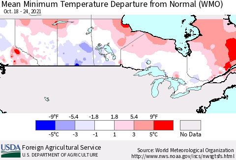 Canada Mean Minimum Temperature Departure from Normal (WMO) Thematic Map For 10/18/2021 - 10/24/2021