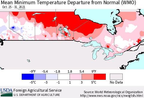 Canada Mean Minimum Temperature Departure from Normal (WMO) Thematic Map For 10/25/2021 - 10/31/2021