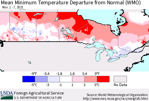 Canada Mean Minimum Temperature Departure from Normal (WMO) Thematic Map For 11/1/2021 - 11/7/2021