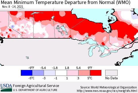 Canada Mean Minimum Temperature Departure from Normal (WMO) Thematic Map For 11/8/2021 - 11/14/2021