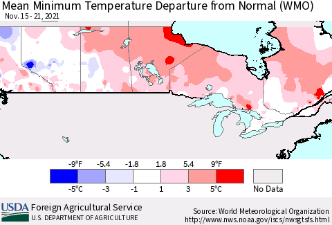 Canada Mean Minimum Temperature Departure from Normal (WMO) Thematic Map For 11/15/2021 - 11/21/2021