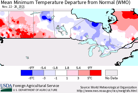 Canada Mean Minimum Temperature Departure from Normal (WMO) Thematic Map For 11/22/2021 - 11/28/2021