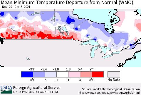 Canada Mean Minimum Temperature Departure from Normal (WMO) Thematic Map For 11/29/2021 - 12/5/2021