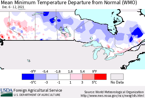 Canada Mean Minimum Temperature Departure from Normal (WMO) Thematic Map For 12/6/2021 - 12/12/2021