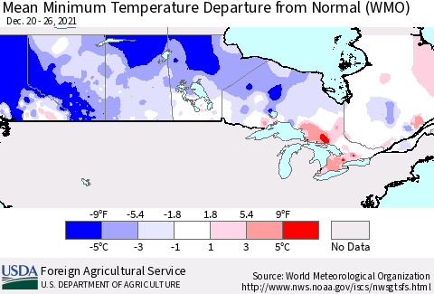 Canada Mean Minimum Temperature Departure from Normal (WMO) Thematic Map For 12/20/2021 - 12/26/2021
