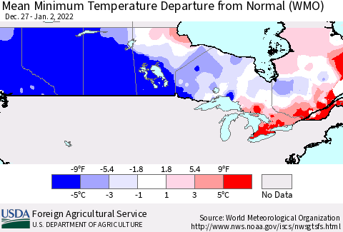 Canada Mean Minimum Temperature Departure from Normal (WMO) Thematic Map For 12/27/2021 - 1/2/2022