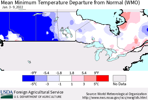 Canada Mean Minimum Temperature Departure from Normal (WMO) Thematic Map For 1/3/2022 - 1/9/2022