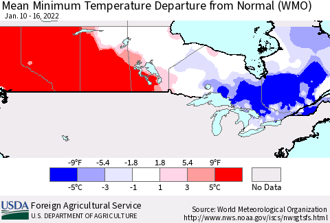 Canada Mean Minimum Temperature Departure from Normal (WMO) Thematic Map For 1/10/2022 - 1/16/2022