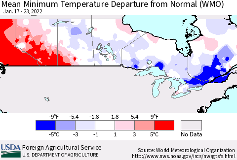 Canada Mean Minimum Temperature Departure from Normal (WMO) Thematic Map For 1/17/2022 - 1/23/2022