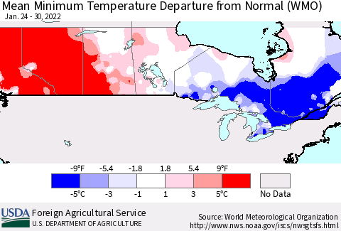 Canada Mean Minimum Temperature Departure from Normal (WMO) Thematic Map For 1/24/2022 - 1/30/2022