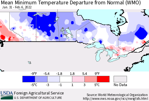 Canada Mean Minimum Temperature Departure from Normal (WMO) Thematic Map For 1/31/2022 - 2/6/2022