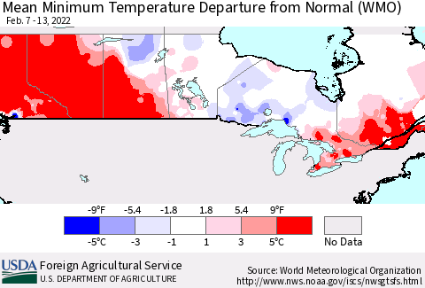 Canada Mean Minimum Temperature Departure from Normal (WMO) Thematic Map For 2/7/2022 - 2/13/2022
