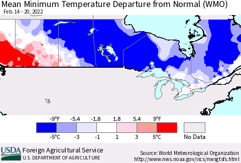 Canada Mean Minimum Temperature Departure from Normal (WMO) Thematic Map For 2/14/2022 - 2/20/2022