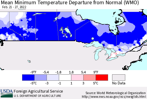 Canada Mean Minimum Temperature Departure from Normal (WMO) Thematic Map For 2/21/2022 - 2/27/2022