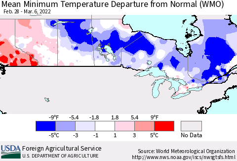 Canada Mean Minimum Temperature Departure from Normal (WMO) Thematic Map For 2/28/2022 - 3/6/2022