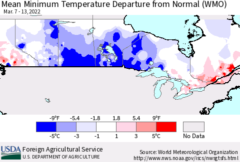 Canada Mean Minimum Temperature Departure from Normal (WMO) Thematic Map For 3/7/2022 - 3/13/2022