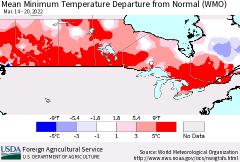 Canada Mean Minimum Temperature Departure from Normal (WMO) Thematic Map For 3/14/2022 - 3/20/2022