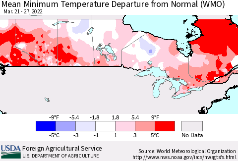 Canada Mean Minimum Temperature Departure from Normal (WMO) Thematic Map For 3/21/2022 - 3/27/2022