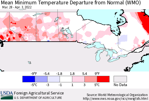 Canada Mean Minimum Temperature Departure from Normal (WMO) Thematic Map For 3/28/2022 - 4/3/2022