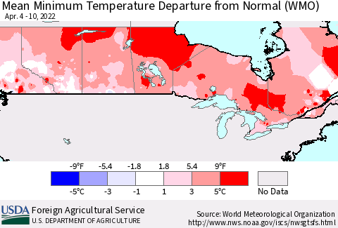 Canada Mean Minimum Temperature Departure from Normal (WMO) Thematic Map For 4/4/2022 - 4/10/2022
