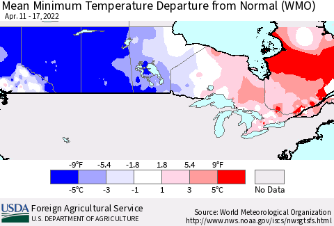 Canada Mean Minimum Temperature Departure from Normal (WMO) Thematic Map For 4/11/2022 - 4/17/2022
