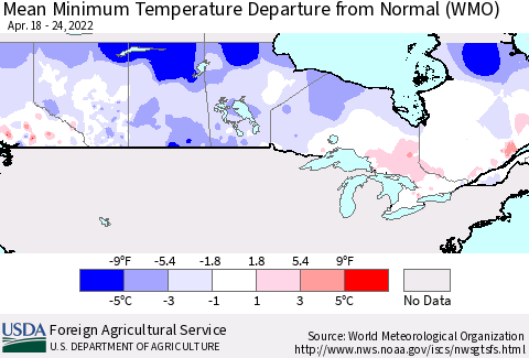 Canada Mean Minimum Temperature Departure from Normal (WMO) Thematic Map For 4/18/2022 - 4/24/2022