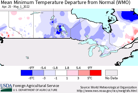 Canada Mean Minimum Temperature Departure from Normal (WMO) Thematic Map For 4/25/2022 - 5/1/2022