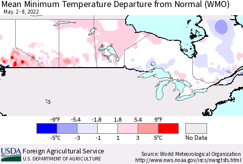 Canada Mean Minimum Temperature Departure from Normal (WMO) Thematic Map For 5/2/2022 - 5/8/2022
