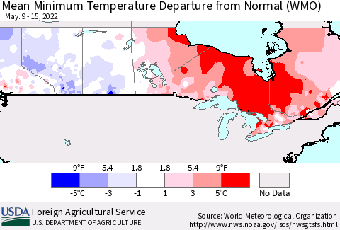 Canada Mean Minimum Temperature Departure from Normal (WMO) Thematic Map For 5/9/2022 - 5/15/2022