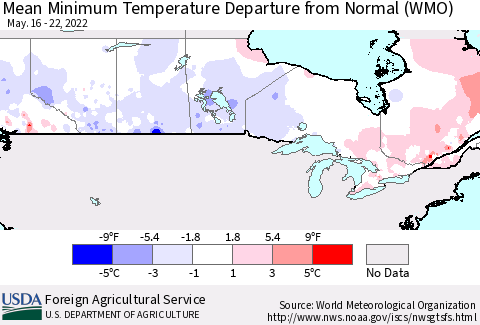 Canada Mean Minimum Temperature Departure from Normal (WMO) Thematic Map For 5/16/2022 - 5/22/2022