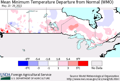 Canada Mean Minimum Temperature Departure from Normal (WMO) Thematic Map For 5/23/2022 - 5/29/2022