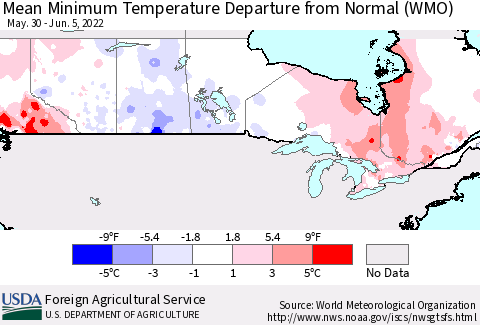 Canada Mean Minimum Temperature Departure from Normal (WMO) Thematic Map For 5/30/2022 - 6/5/2022