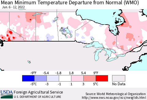 Canada Mean Minimum Temperature Departure from Normal (WMO) Thematic Map For 6/6/2022 - 6/12/2022